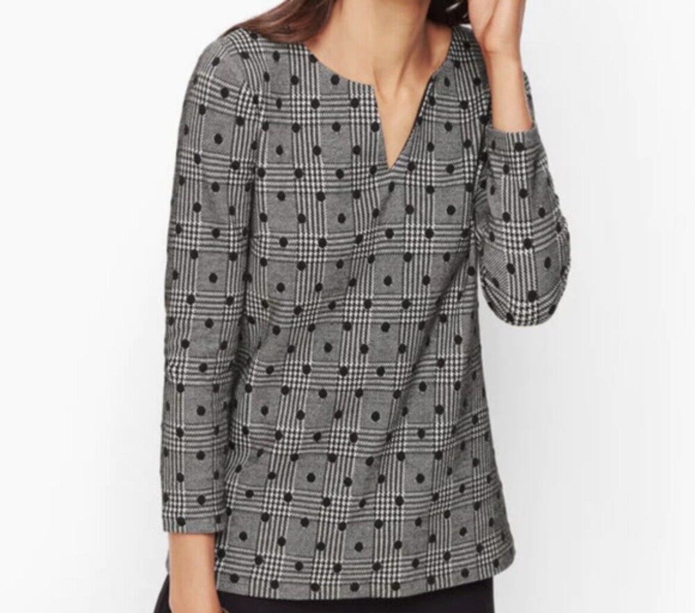 Talbots Top Notch Neck Polka Dot Plaid Women’s Large L Black White Career Retro